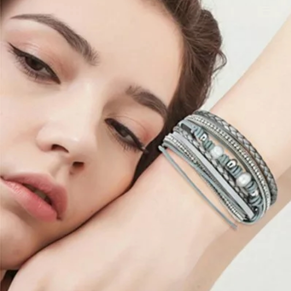 Gray multi strand leather bracelet with pearls